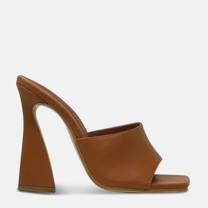 Kat Squared Toe Flared Heel Mule in Brown Faux Leather